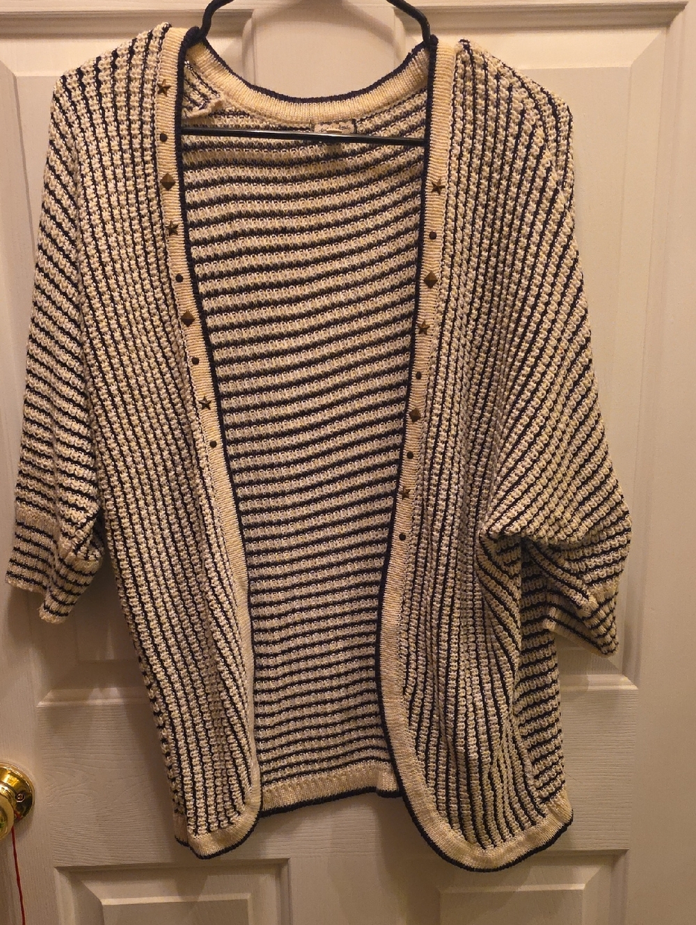 Eyeshadow Cream and Black Striped Open-Front Knit Cardigan